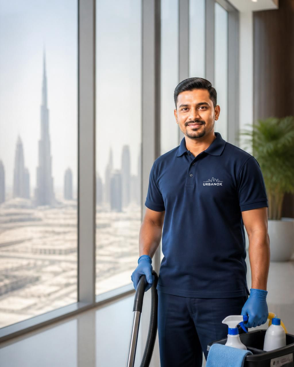 Urbanox uniformed cleaning professional at a Dubai high-rise